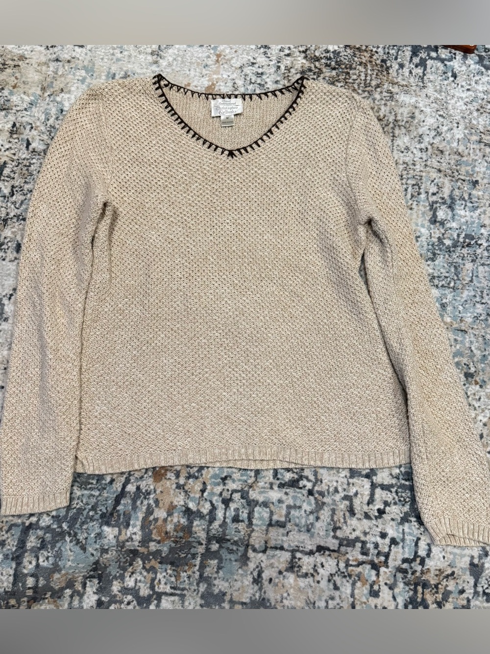 Vintage Cream V-Neck Textured Women's Sweater